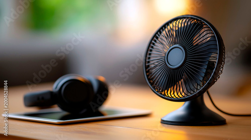 Black portable electric fan on desk with headphones and tablet in warm ambient light creating modern cozy workspace cooling setup