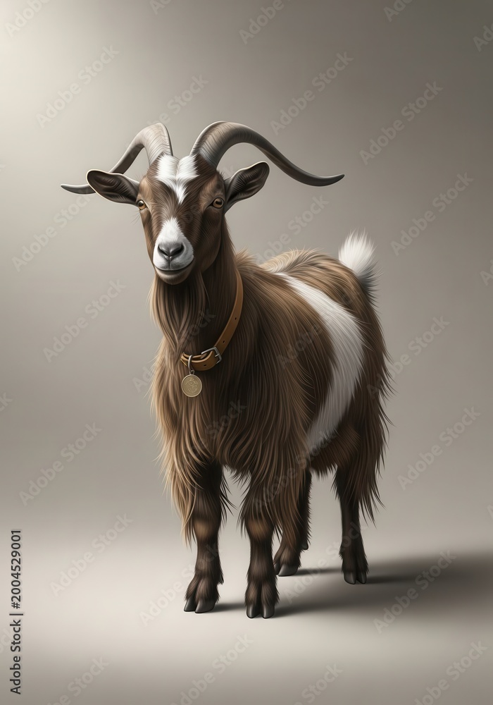 Obraz premium Portrait of a brown and white goat stands against a neutral background.
