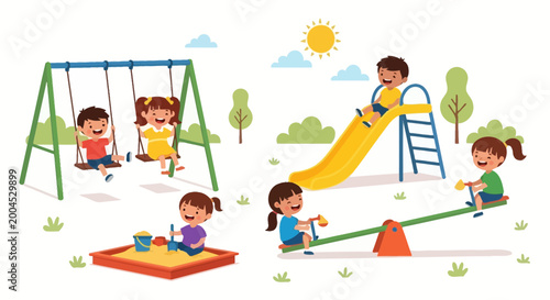 Photos Children Playing on Playground Equipment: Swing Set, Slide, Sandbox, and Seesaw