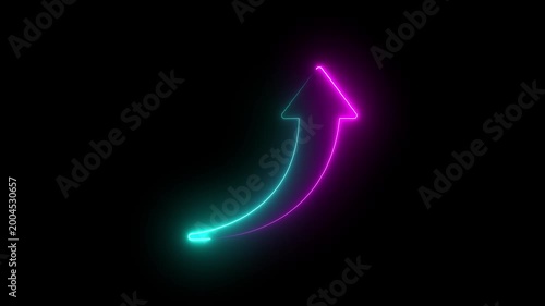 Neon glowing upward arrow with cyan and magenta gradient on black background concept of growth, success, and progress futuristic digital design element,up arrow  animation in neon light