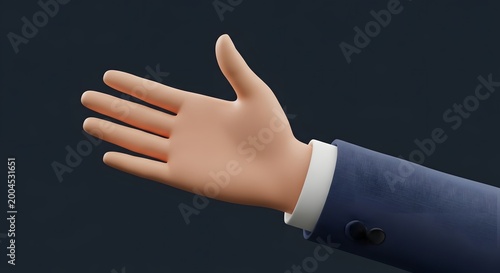 Close-up of a cartoon 3D animated hand with fingers spread, wearing a blue suit jacket, against a dark background
