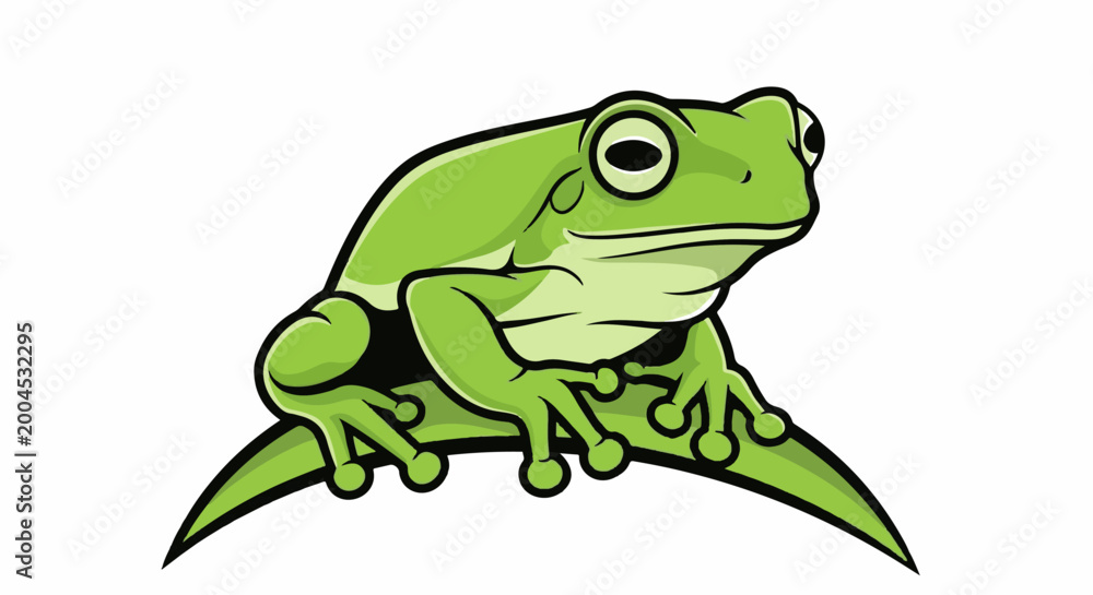 Fototapeta premium A stylized green frog sits on a curved green leaf