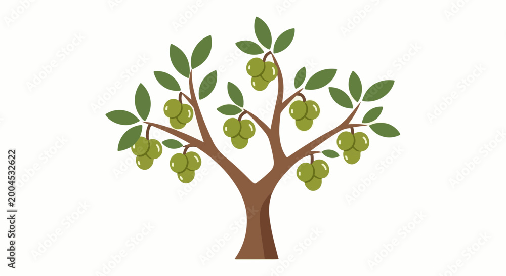 Fototapeta premium A stylized illustration of a fruit-bearing tree with green leaves and brown branches
