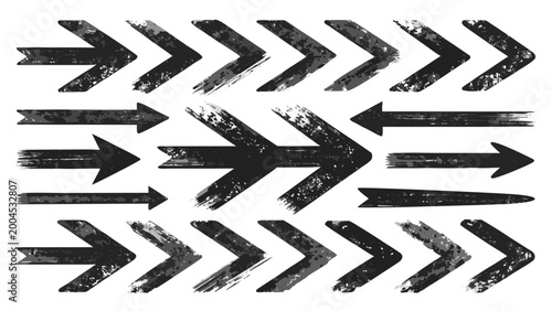 Collection of grunge and rough style hand drawn arrow shapes with distressed textures for bold graphic design