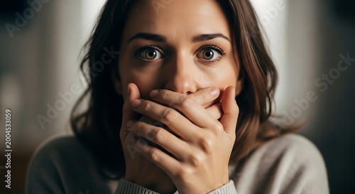 Shocked Woman Covering Mouth, Expressing Fear or Surprise | Stock Photo
