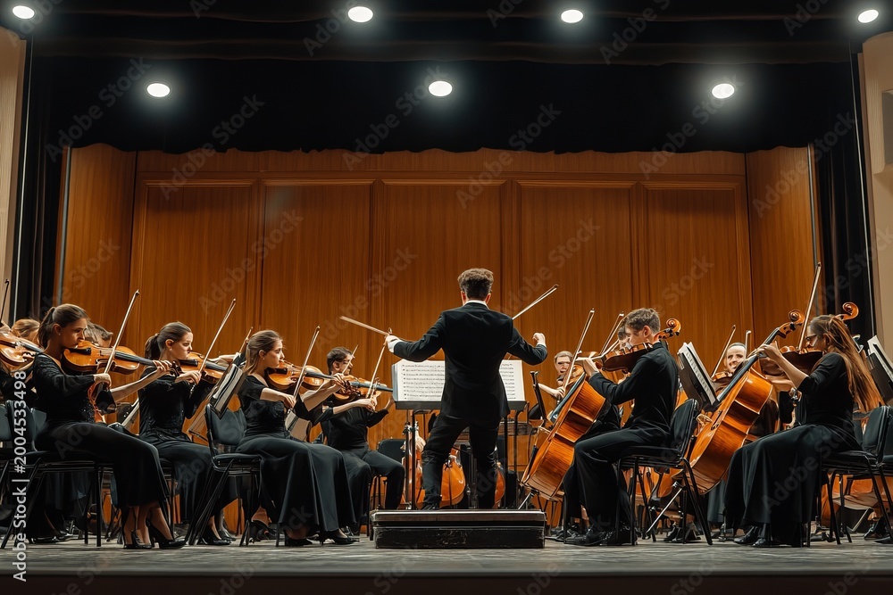 Fototapeta premium Elegant Symphony Orchestra Performing in a Grand Concert Hall with Conductor and Musicians on Stage