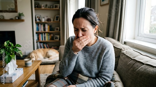 Woman Feeling Sick at Home, Nausea, Vomiting, Illness, Home Healthcare, Comfort