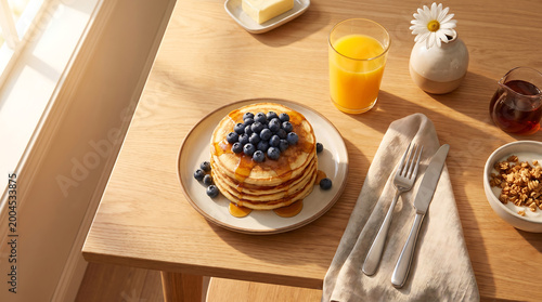 A stack of pancakes topped with blueberries and syrup sits on a plate next to a glass of orange juice on a wooden table in a sunny room.
