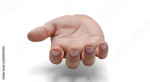 Close-up view of an empty human hand with an open palm gesture, isolated on a clean white background, conveying concepts of offering, receiving, or holding