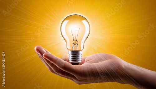 a hand holding a glowing light bulb with rays on a yellow background