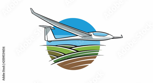 A white glider soars above rolling green fields under a blue sky