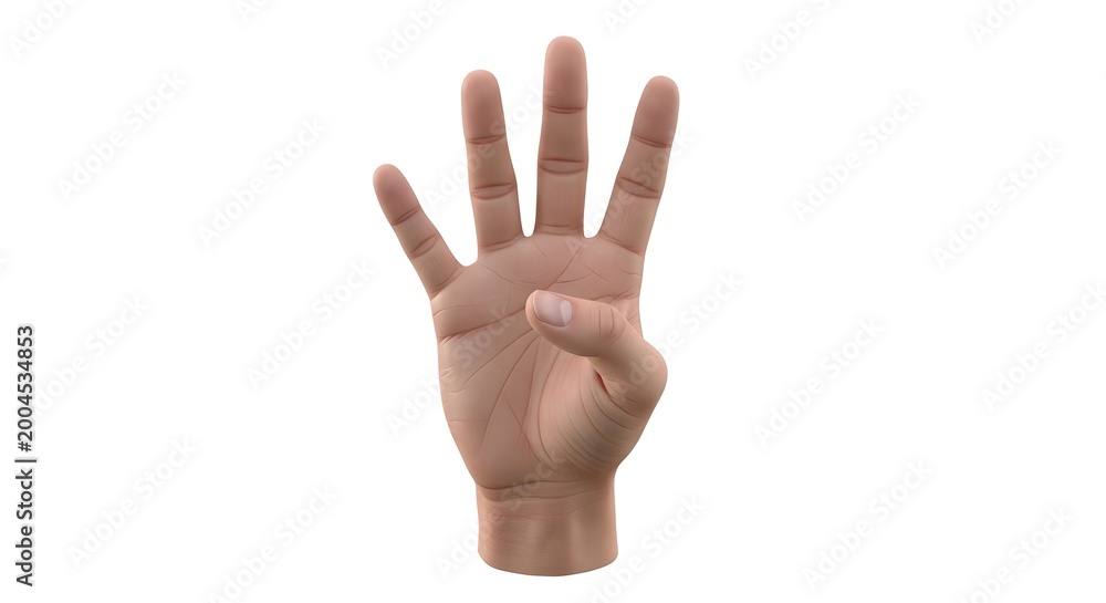 Naklejka premium Close-up view of a realistic 3D human hand displaying the number four with all fingers extended against a pristine white background, representing quantity or a countdown stage