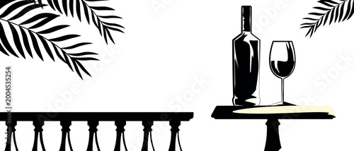 Fotografía Black and white vector illustration with silhouettes of wine bottles, glasses, and cocktails
