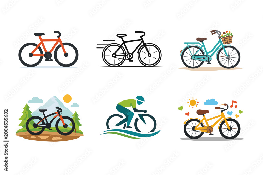 Fototapeta premium Versatile Cycling Illustration Bundle Presenting Diverse Riding Experiences From Rustic Mountain Trails to Classic Commuting Styles. Clean Aesthetic Flat Design for Active Lifestyle Themes.