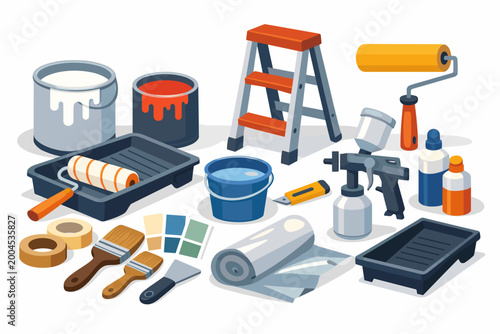 Professional Painting Tools and Equipment Set for Home Renovation, Featuring Paint Cans, Rollers, Brushes, Stepladder, Spray Gun, Trays, and Color Swatches for DIY Interior Design and Decorating.