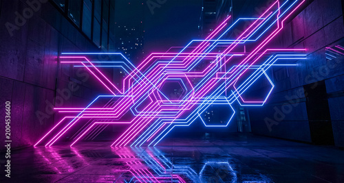 Vászonkép A abstract technology background by intersecting neon lines in pink and blue ill