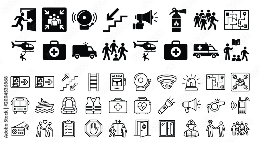 Fototapeta premium Emergency Evacuation Icons Set Black And White Symbols