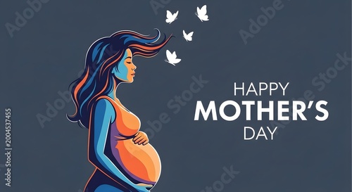 Happy mother's day a pregnant woman with flying birds illustration