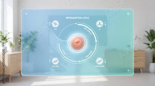 Digital medical interface showing ovum with circular reproductive cycle phases including follicular, ovulation, and luteal, with hormone indicators FSH, LH, estrogen, and progesterone.