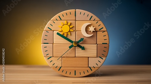 Wooden clock with sun and moon symbols representing day and night time cycle concept 