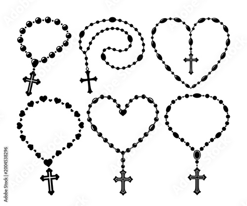 Canvastavla Collection Of Catholic Rosary Beads With Cross And Heart Shapes, Religious Spiri