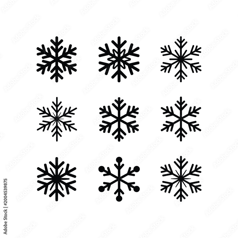 Obraz premium Set of Nine Unique Snowflake Vector Icons in 3x3 Grid Layout