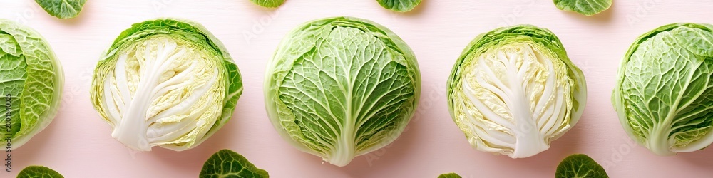 Fototapeta premium Macro View of Fresh Green Cabbages with Layered Cross Sections Creating a Vibrant Background