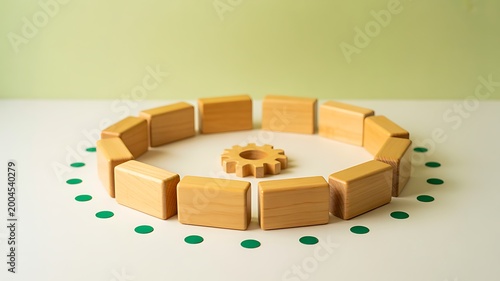 Circular arrangement of wooden blocks with green dots representing process cycle and workflow concept 