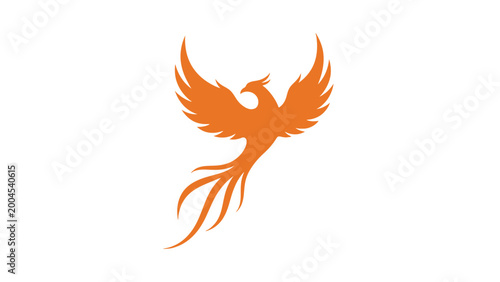 Photos Orange phoenix silhouette ascending with flowing tail feathers against white