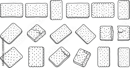 Cuadro en lienzo Cracker Biscuit Line Art Collection with Various Shapes and Broken Pieces, Hand