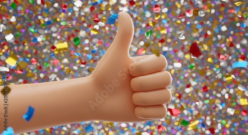 Vibrant 3D rendered hand giving a cheerful thumbs-up gesture amidst a joyous cascade of colorful confetti, symbolizing approval, success, and positive recognition