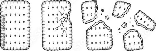Cuadro en lienzo Biscuit Breaking Sequence Line Art with Whole and Cracked Crackers, Hand Drawn F