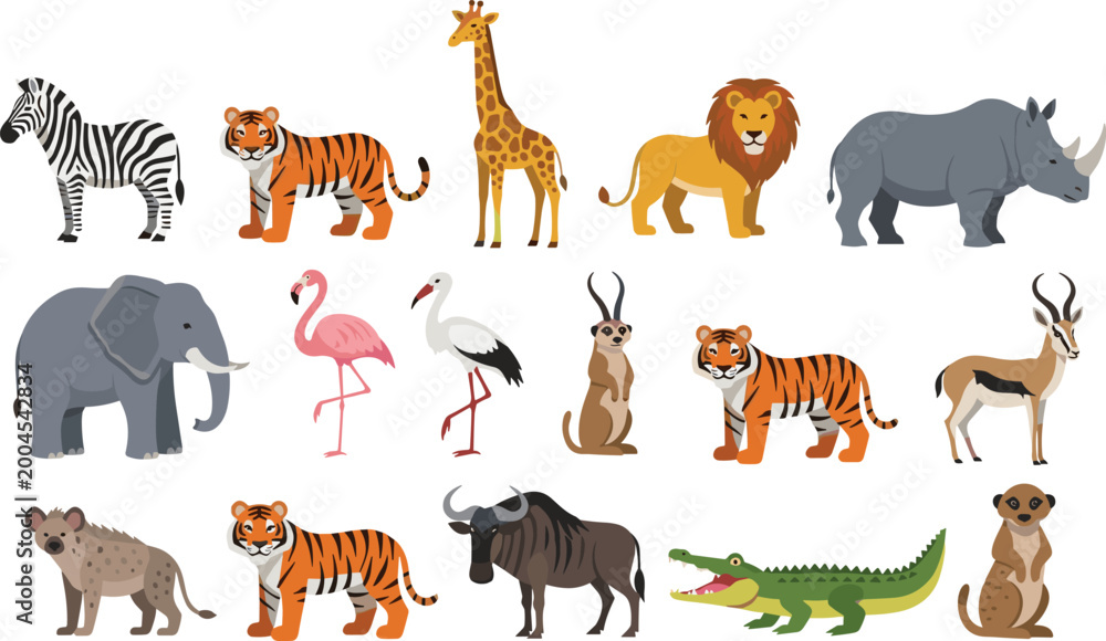 Fototapeta premium Wild safari animals set with lion tiger elephant giraffe zebra and crocodile vector illustration collection