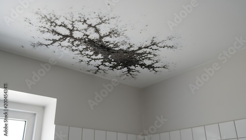 Severe black mold and mildew stains on bathroom ceiling spreading from water damage, representing health risks and property maintenance needs for a home restoration concept