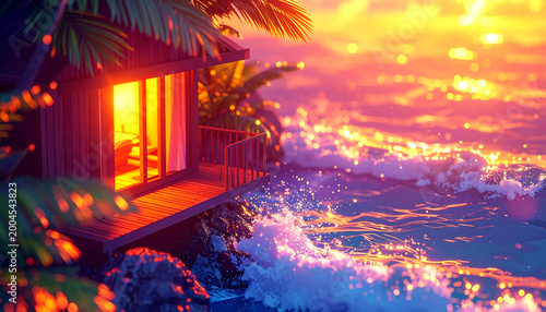 A stylized sunset over a tropical beach cabin
