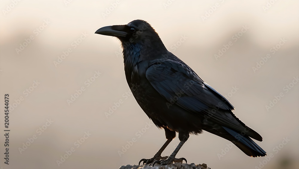 Obraz premium Common raven perched on a rock in the soft light of dawn