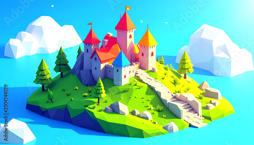 Stylized medieval castle illustration on an island
