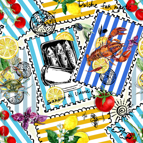 Watercolor seafood seamless pattern with sardines and lobster. Mediterranean postage stamps on blue and yellow striped background