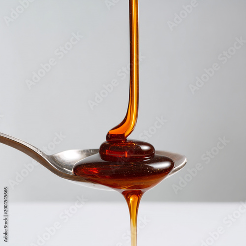 Thick dark honey slowly dripping from a metal spoon in a studio setting food ingredient dessert topp