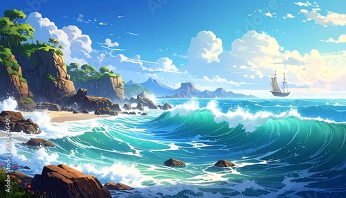 Ocean surf and sailboat