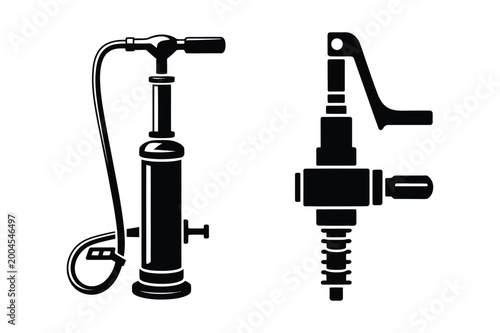 Vector illustration of a black silhouette bicycle pump and a vintage tire pump