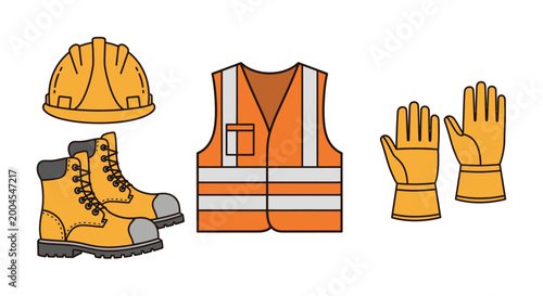Set of construction safety gear icons including hard hat vest boots and gloves