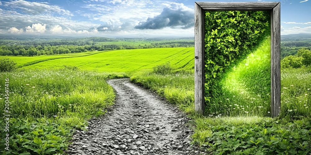 Fototapeta premium Ethereal Portal Leading to a Serene Meadow Pathway with a Green Doorway to a Summer Countryside View