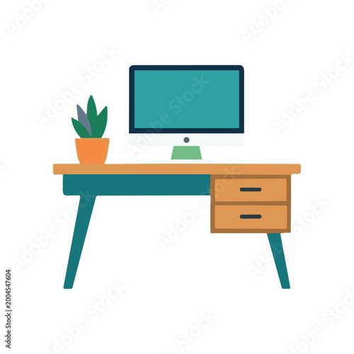 Office desk with computer and plant.