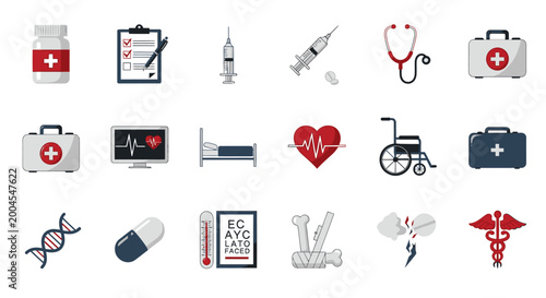 Collection of medical and healthcare flat icons on a white background.