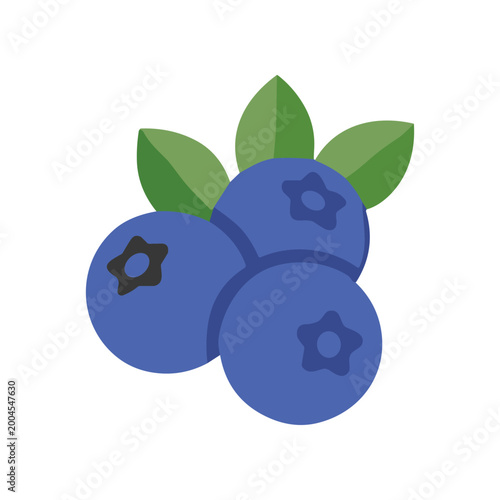 Three Blueberries with Green Leaves Attached.