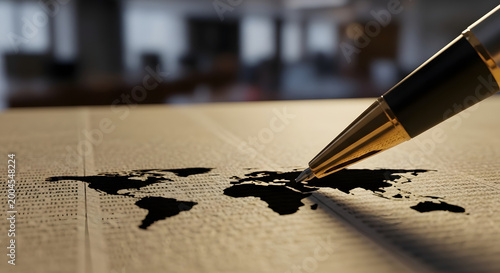 Luxury pen pointing at global world map on textured paper
