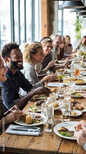 Diverse friends dining together at long wooden table, happy people eating lunch in restaurant, social group dinner