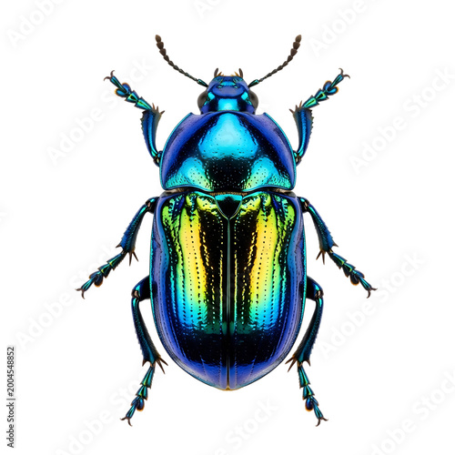 Iridescent beetle with metallic blue and yellow shell cover.
