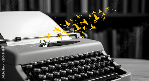 Vintage typewriter releasing yellow birds in a library setting